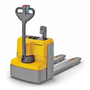 tranpallet elettrico jungheinrich di colore giallo e grigio