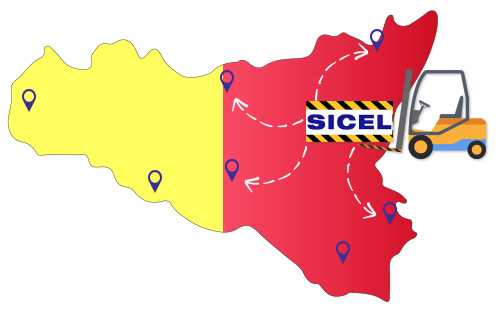 immagine della sicilia con sollevatore materiale e logo sicel.s.r.l.